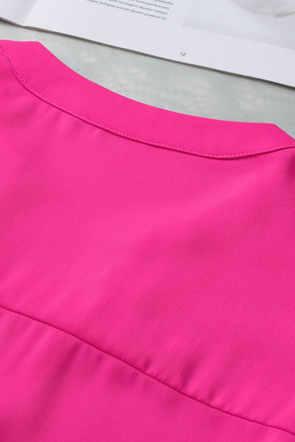 Rose Red Notched Neck Ruffle Sleeve Top