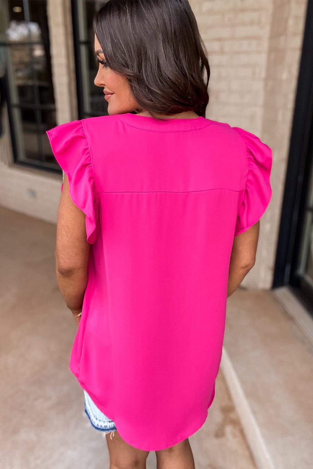 Rose Red Notched Neck Ruffle Sleeve Top