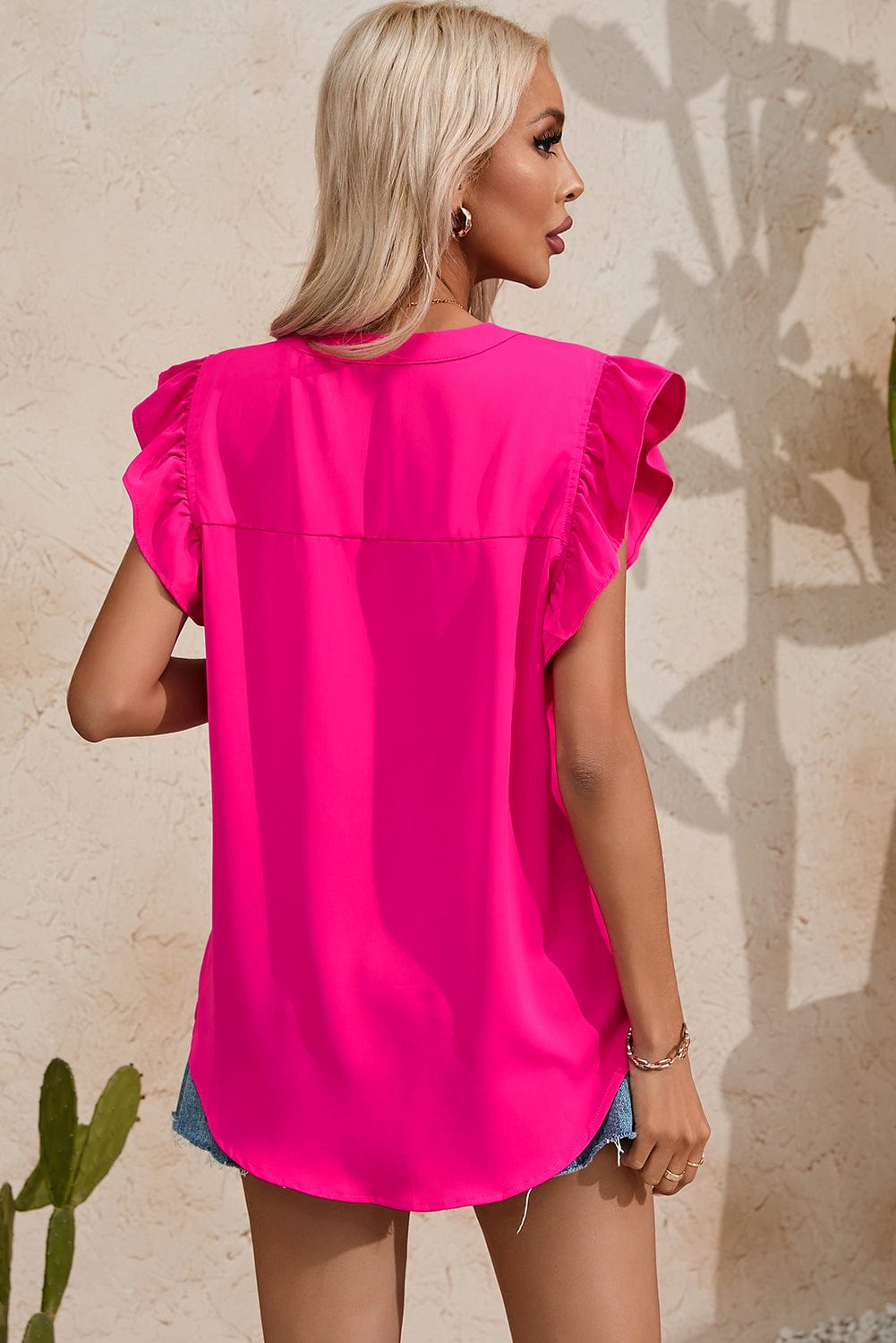 Rose Red Notched Neck Ruffle Sleeve Top