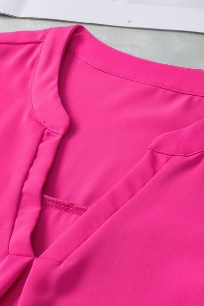 Rose Red Notched Neck Ruffle Sleeve Top