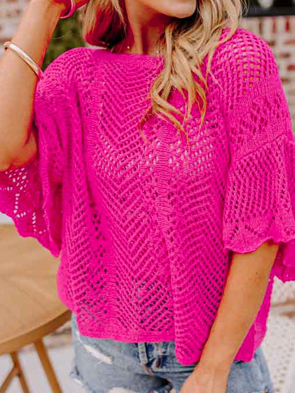 Rose Red Pointelle Knit Scalloped Edge Short Sleeve Top with Crochet Detail