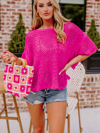 Rose Red Pointelle Knit Scalloped Edge Short Sleeve Top with Crochet Detail