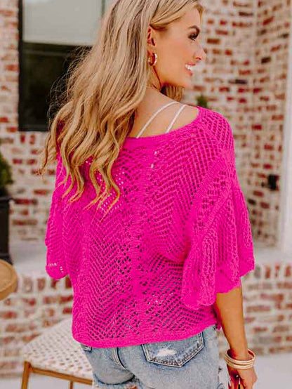 Rose Red Pointelle Knit Scalloped Edge Short Sleeve Top with Crochet Detail