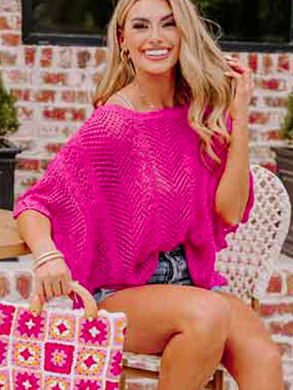 Rose Red Pointelle Knit Scalloped Edge Short Sleeve Top with Crochet Detail