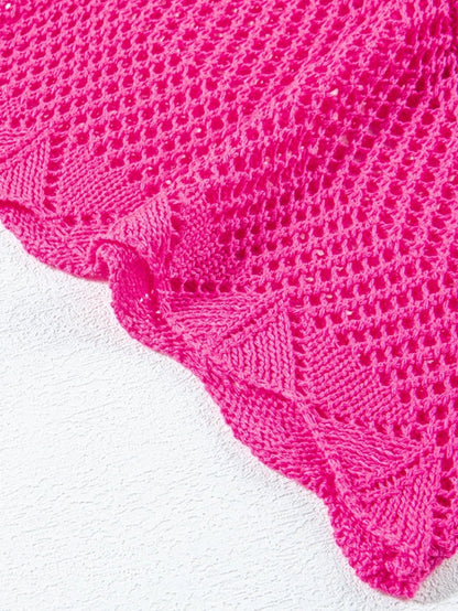 Rose Red Pointelle Knit Scalloped Edge Short Sleeve Top with Crochet Detail