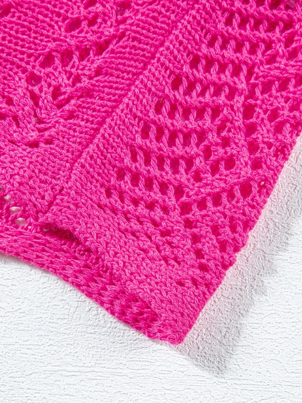 Rose Red Pointelle Knit Scalloped Edge Short Sleeve Top with Crochet Detail