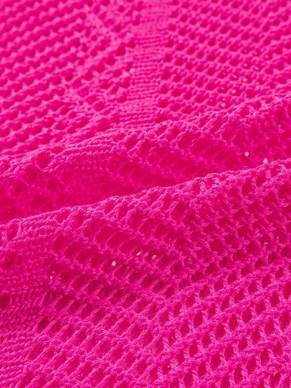 Rose Red Pointelle Knit Scalloped Edge Short Sleeve Top with Crochet Detail