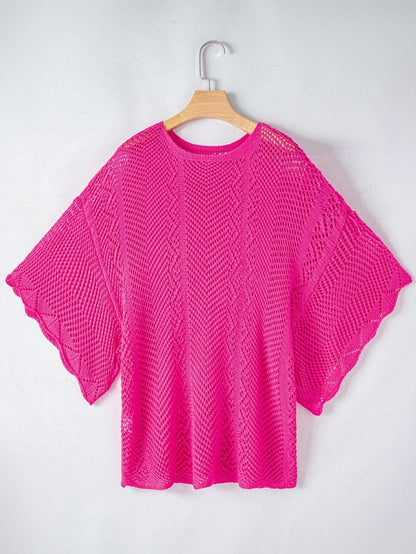 Rose Red Pointelle Knit Scalloped Edge Short Sleeve Top with Crochet Detail
