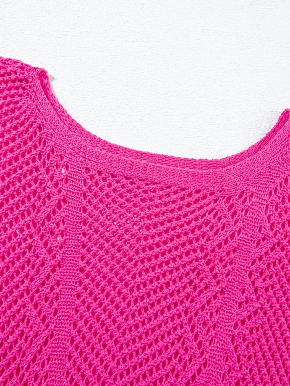 Rose Red Pointelle Knit Scalloped Edge Short Sleeve Top with Crochet Detail