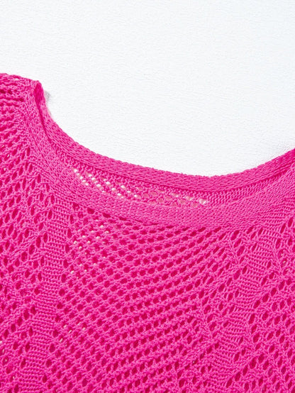 Rose Red Pointelle Knit Scalloped Edge Short Sleeve Top with Crochet Detail