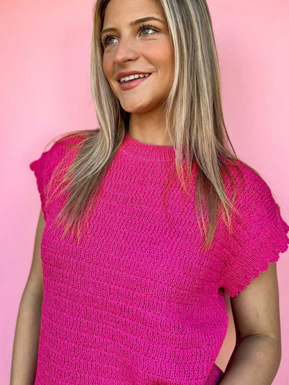 Rose Red Scalloped Short Sleeve Knit Top for Summer