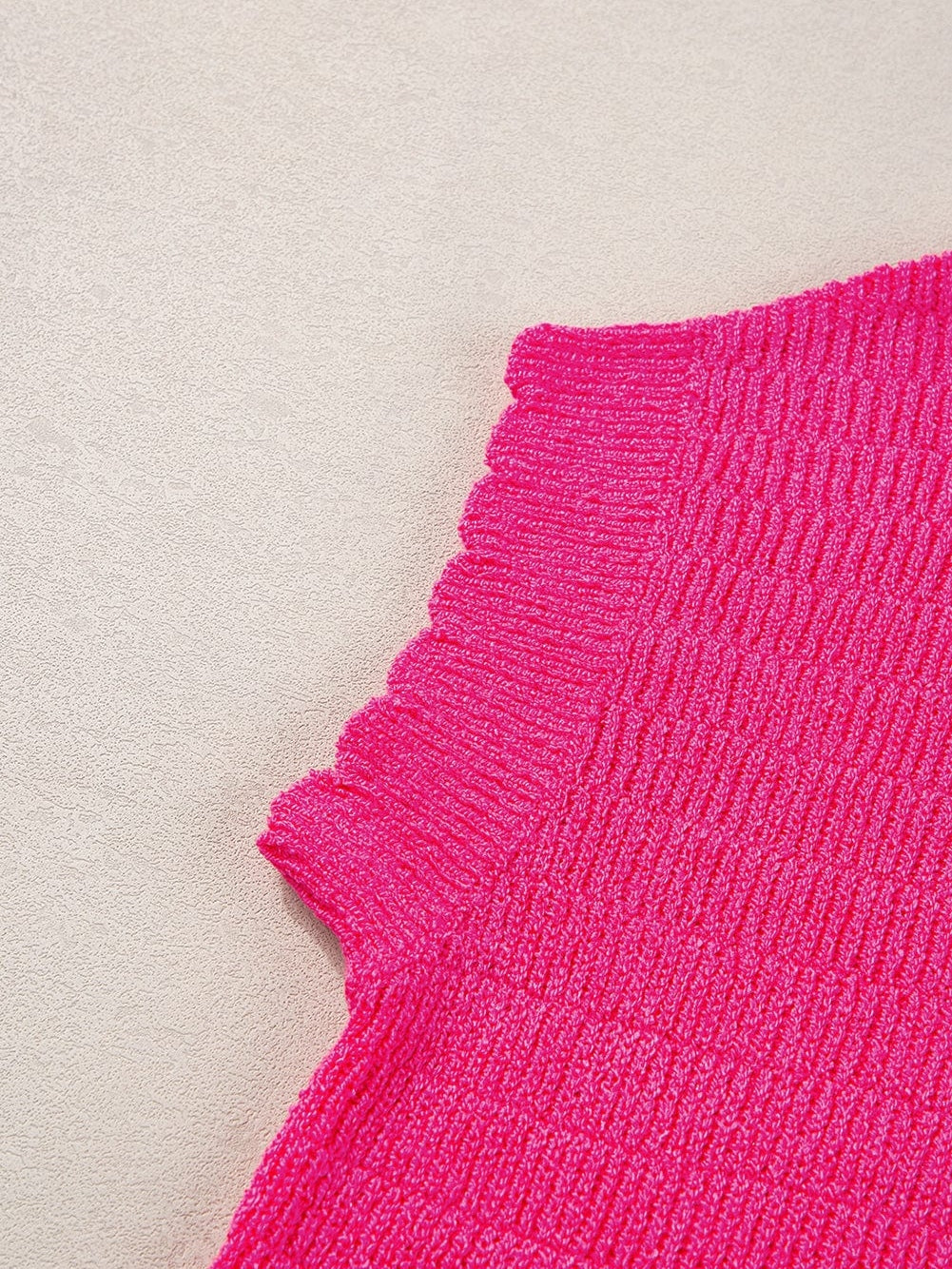 Rose Red Scalloped Short Sleeve Knit Top for Summer