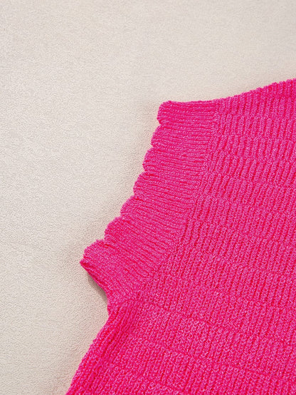 Rose Red Scalloped Short Sleeve Knit Top for Summer