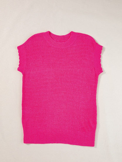 Rose Red Scalloped Short Sleeve Knit Top for Summer