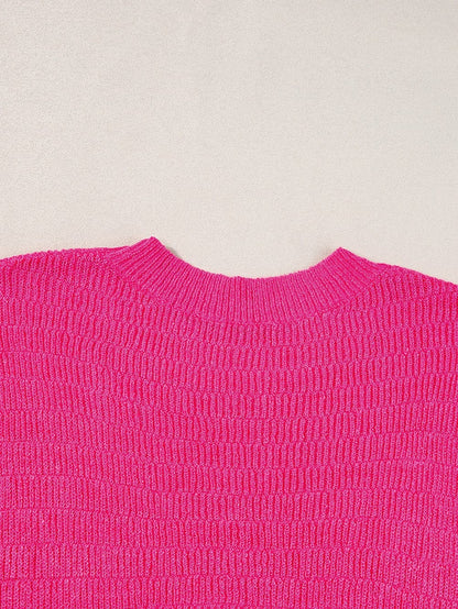 Rose Red Scalloped Short Sleeve Knit Top for Summer