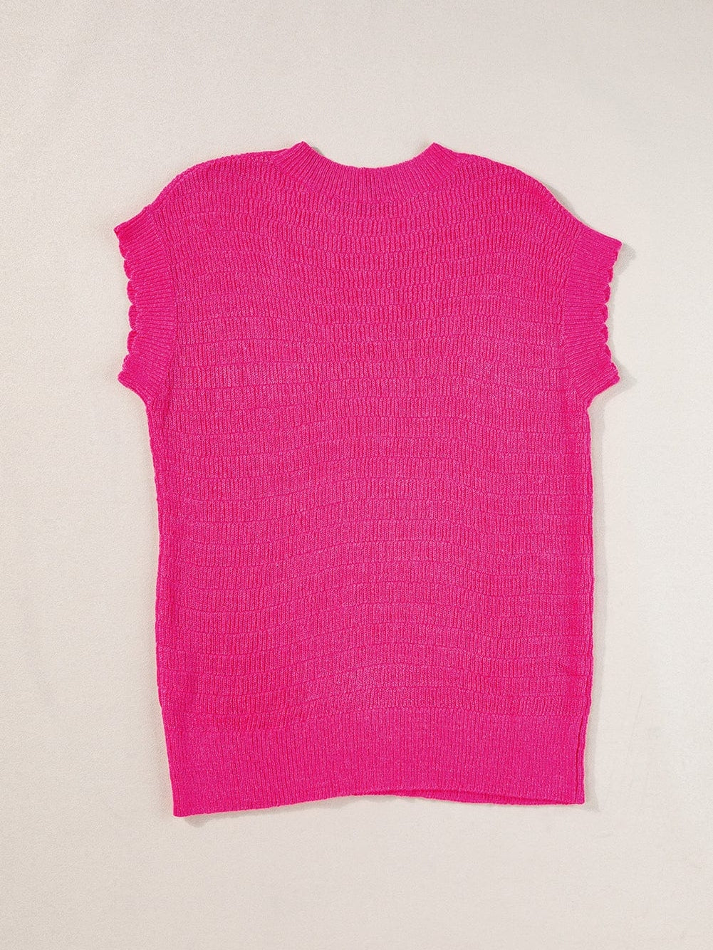 Rose Red Scalloped Short Sleeve Knit Top for Summer