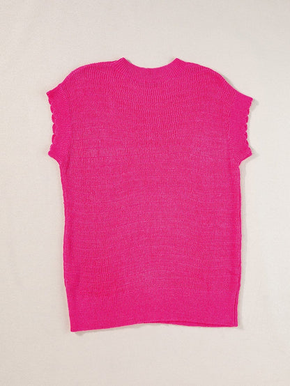 Rose Red Scalloped Short Sleeve Knit Top for Summer