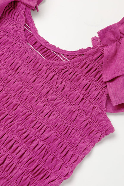 Rose Red Smocked Ruffle Sleeve Maxi Dress with High Waist