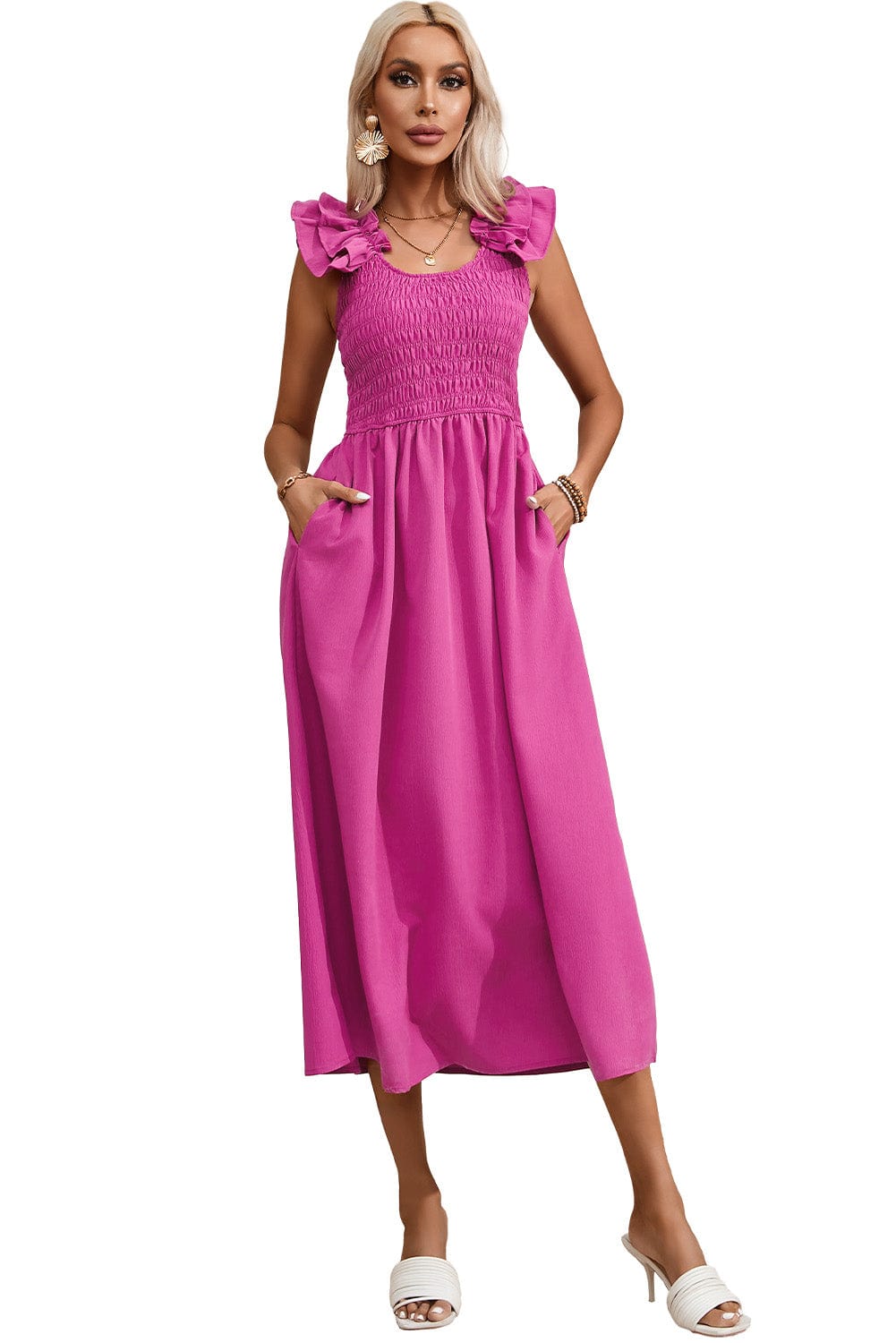 Rose Red Smocked Ruffle Sleeve Maxi Dress with High Waist
