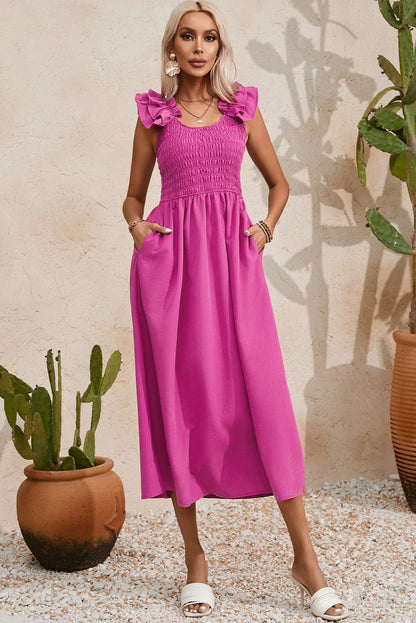 Rose Red Smocked Ruffle Sleeve Maxi Dress with High Waist