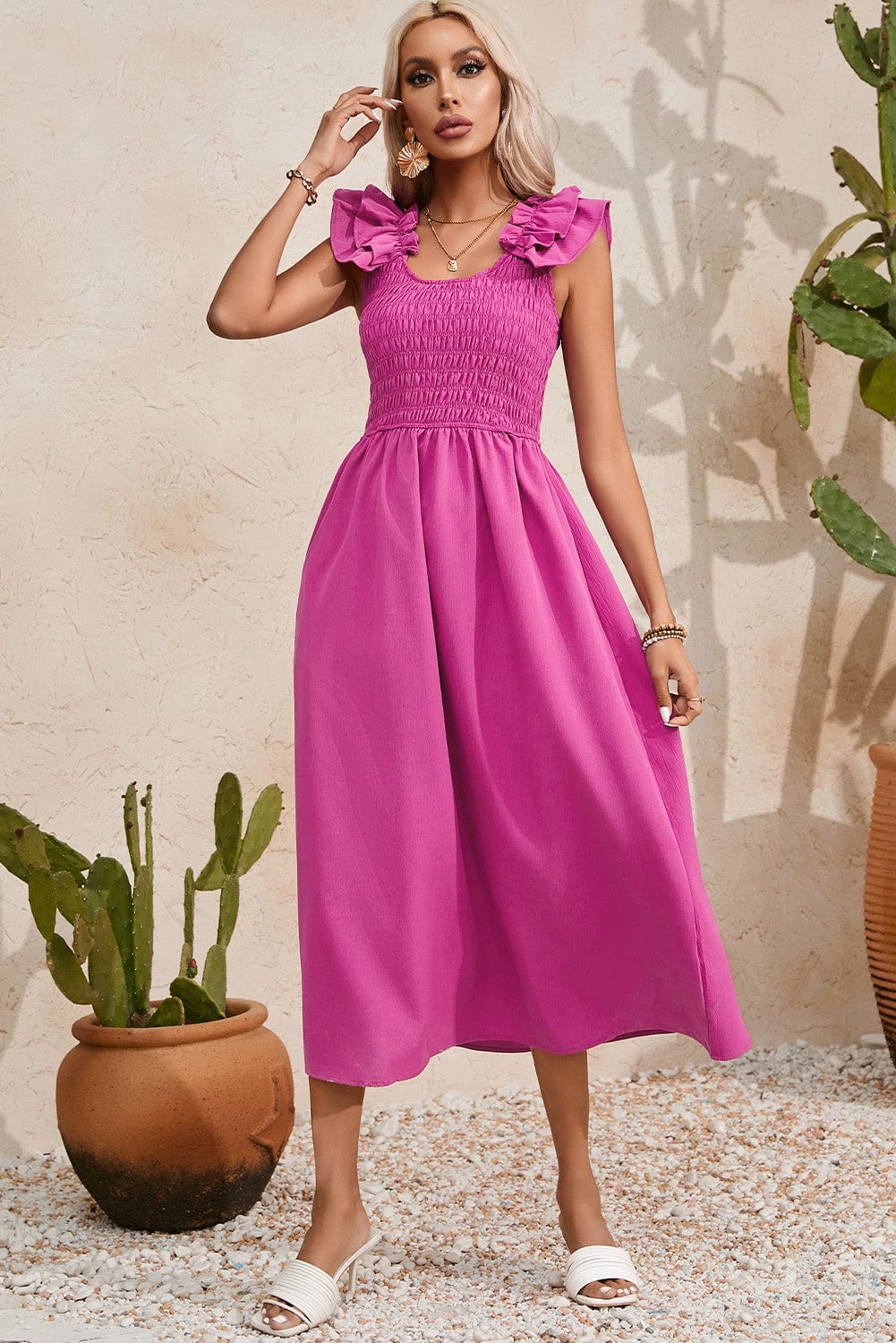 Rose Red Smocked Ruffle Sleeve Maxi Dress with High Waist