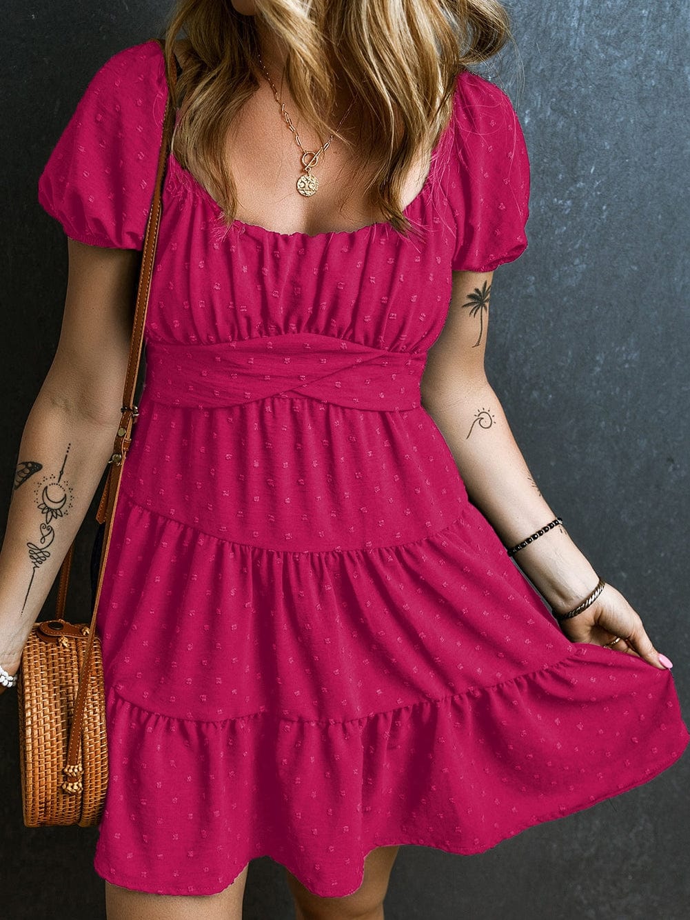 Rose Red Swiss Dot Puff Sleeve Tiered Mini Dress with Crossover Tie