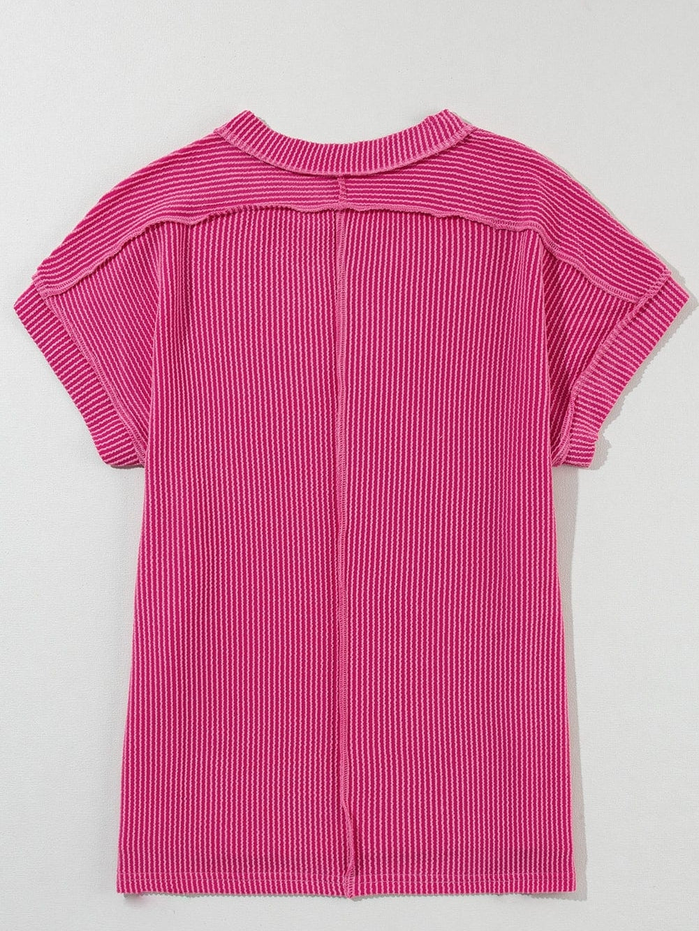 Rose Red Textured Casual T-shirt with Exposed Stitching
