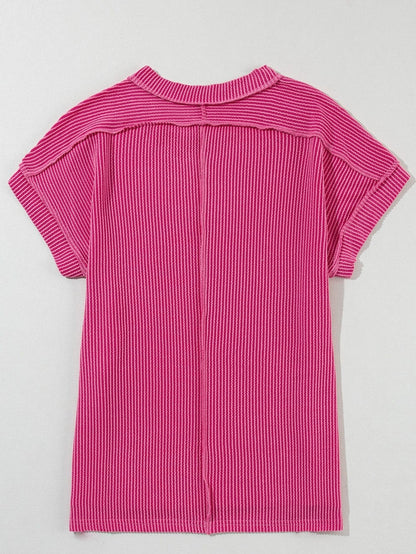 Rose Red Textured Casual T-shirt with Exposed Stitching