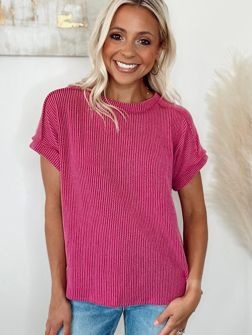 Rose Red Textured Casual T-shirt with Exposed Stitching