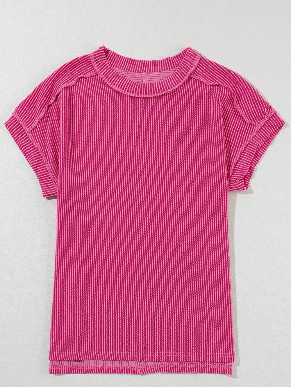 Rose Red Textured Casual T-shirt with Exposed Stitching