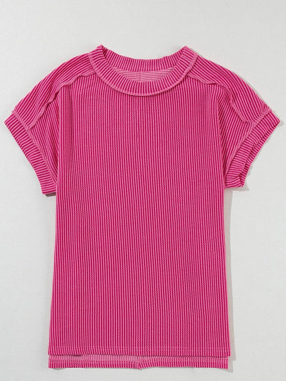 Rose Red Textured Casual T-shirt with Exposed Stitching