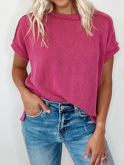 Rose Red Textured Casual T-shirt with Exposed Stitching