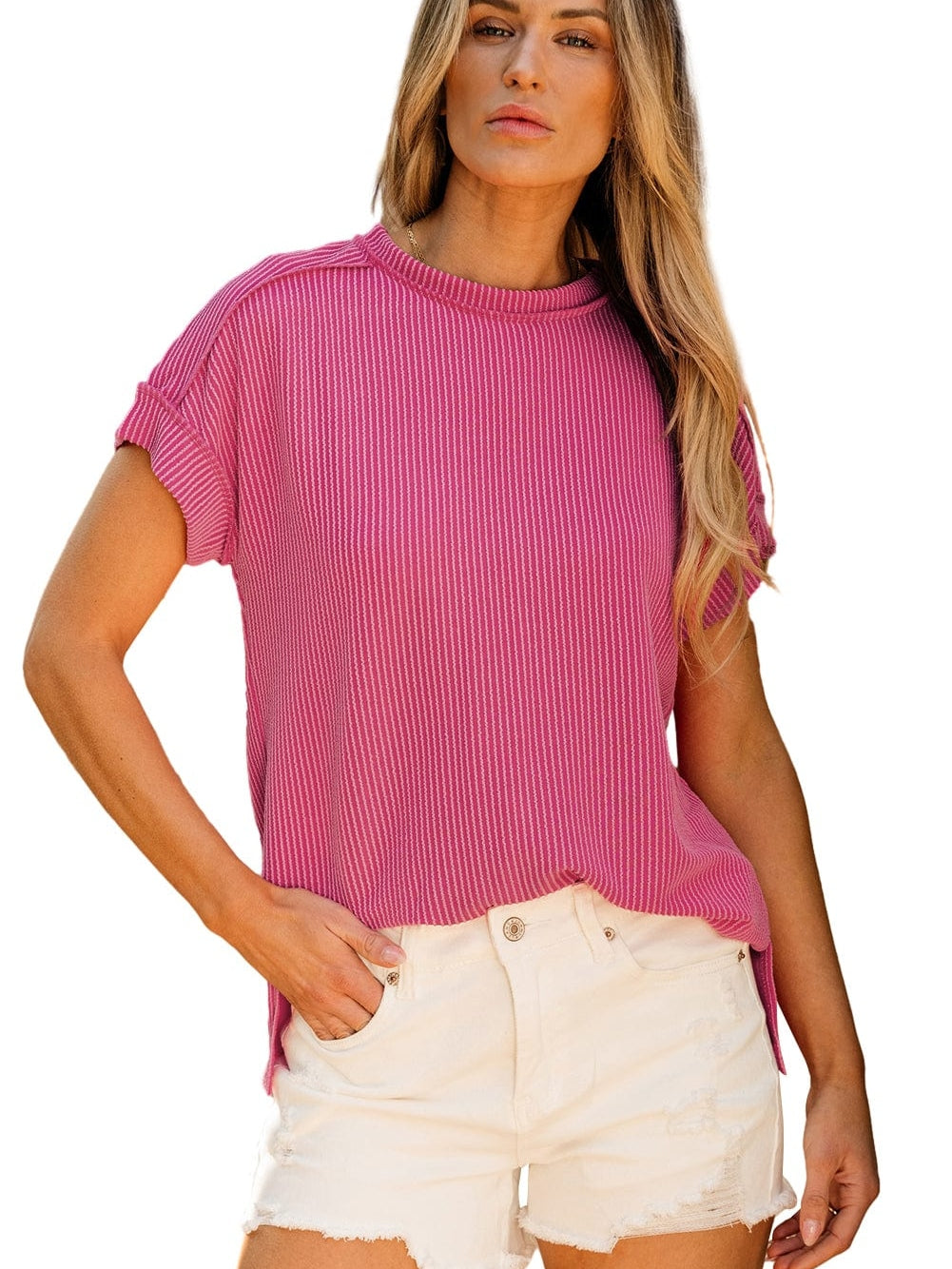 Rose Red Textured Casual T-shirt with Exposed Stitching