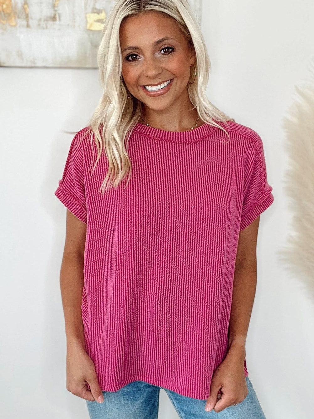 Rose Red Textured Casual T-shirt with Exposed Stitching