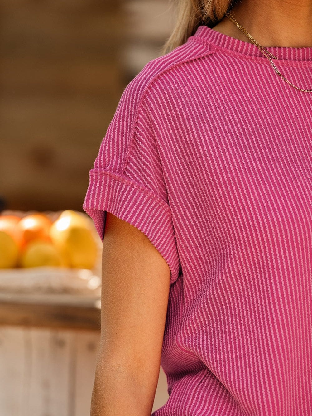 Rose Red Textured Casual T-shirt with Exposed Stitching