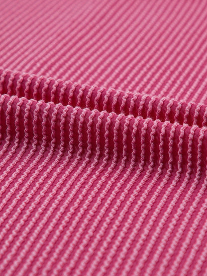 Rose Red Textured Casual T-shirt with Exposed Stitching