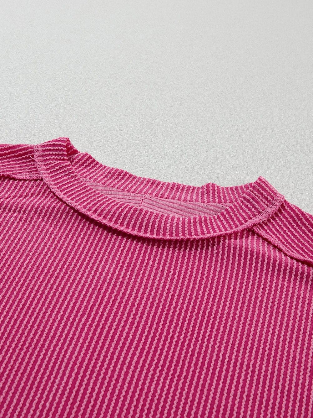 Rose Red Textured Casual T-shirt with Exposed Stitching