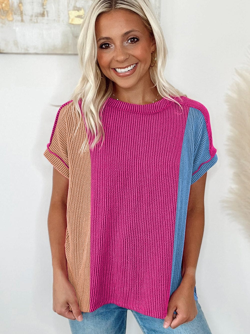 Rose Red Tri-Color Textured Crewneck Tee