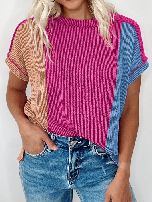 Rose Red Tri-Color Textured Crewneck Tee