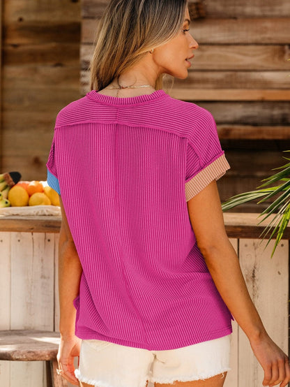 Rose Red Tri-Color Textured Crewneck Tee