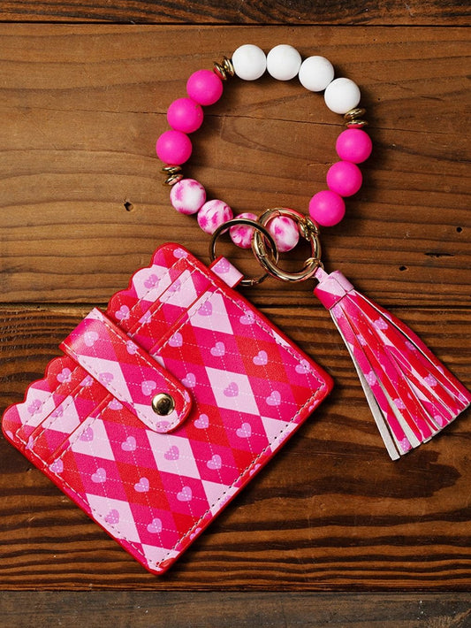 Rose Red Valentine Fashion PU Card Bag Key Chain with Silicone Bracelet