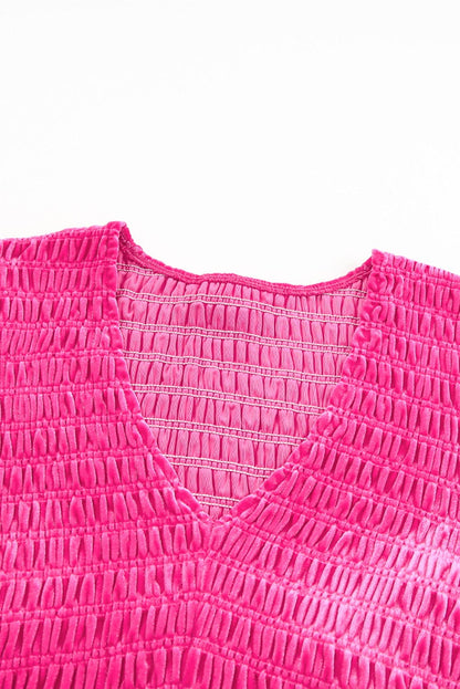 Rose Red Velvet Dress with Elegant Shirred Details and V-Neck