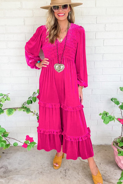 Rose Red Velvet Dress with Elegant Shirred Details and V-Neck