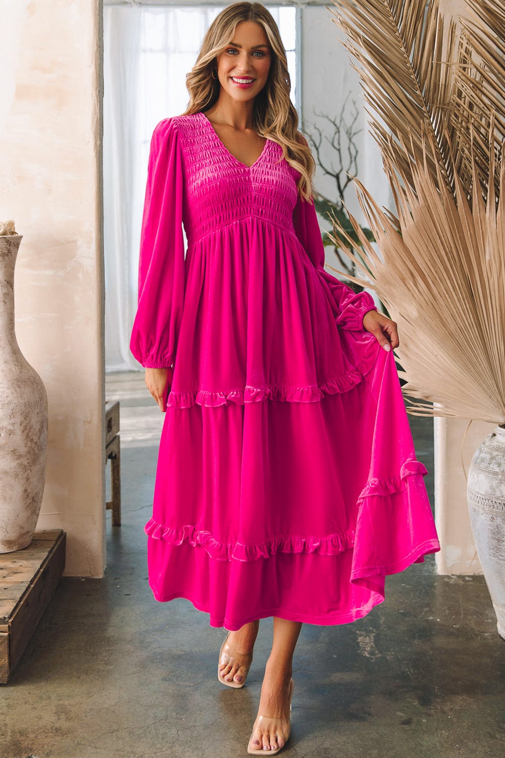 Rose Red Velvet Dress with Elegant Shirred Details and V-Neck