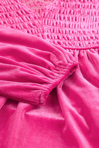 Rose Red Velvet Dress with Elegant Shirred Details and V-Neck