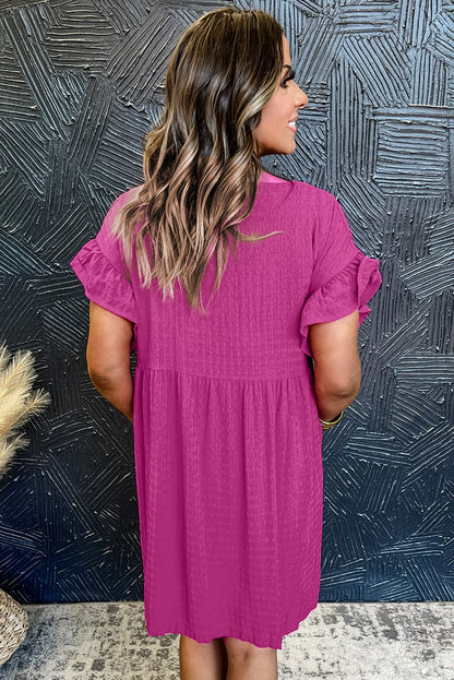 Rose Red Waffle Knit Ruffle Sleeve Shift Mini Dress