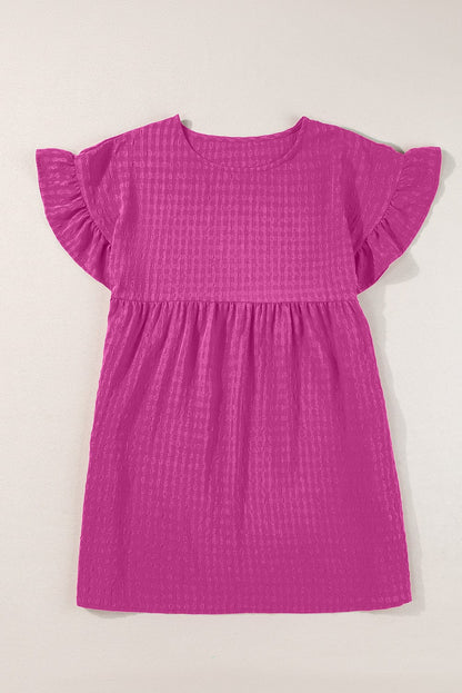 Rose Red Waffle Knit Ruffle Sleeve Shift Mini Dress