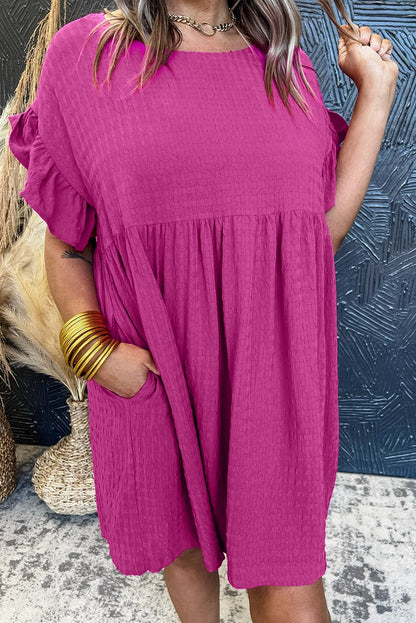 Rose Red Waffle Knit Ruffle Sleeve Shift Mini Dress