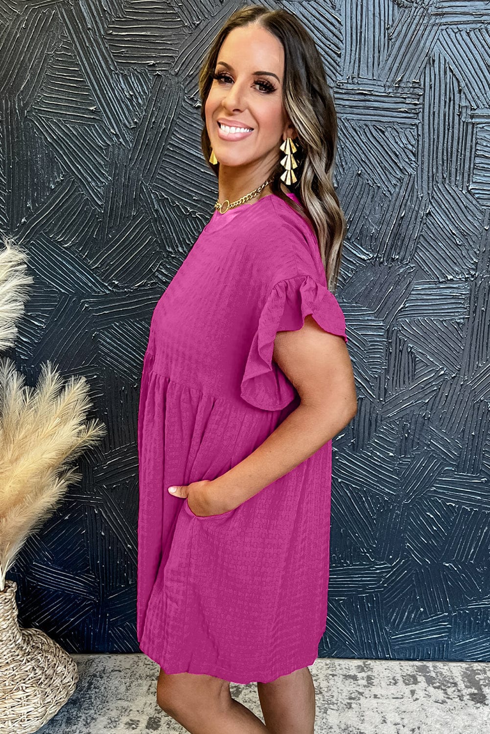 Rose Red Waffle Knit Ruffle Sleeve Shift Mini Dress