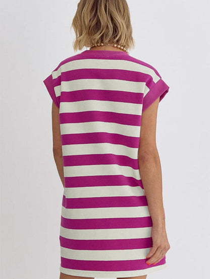 Rose Striped Cap Sleeve Pocket Shift T-shirt Dress